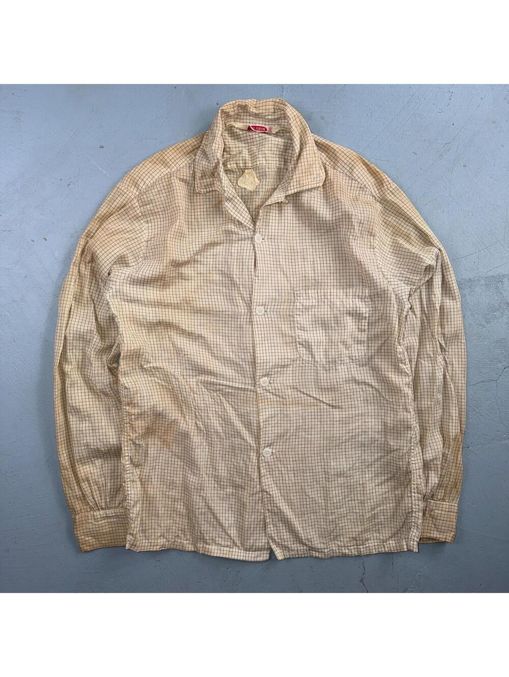 VTG 1950s Pilgrim Loop Collar Button Up Shirt Cotton Rockabilly S Thrashed Stain
